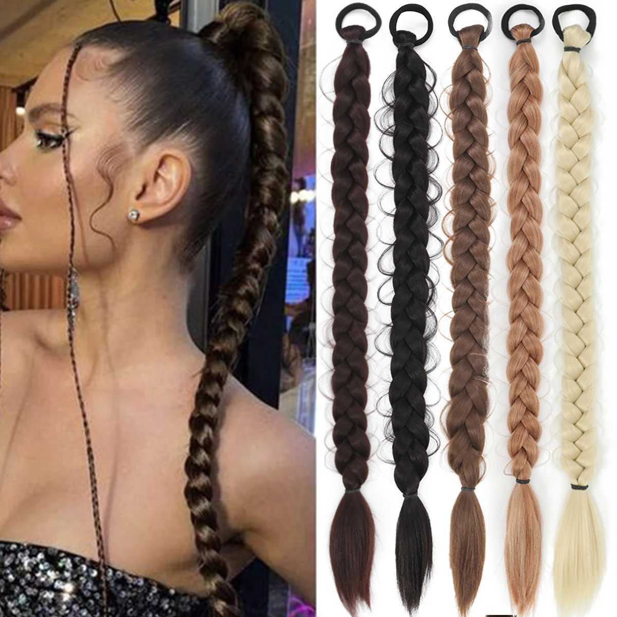 Natural synthetic braided ponytail with hair extensions wig straps wrapped around womens ponytails high elasticity rubber straps ponytails W240817