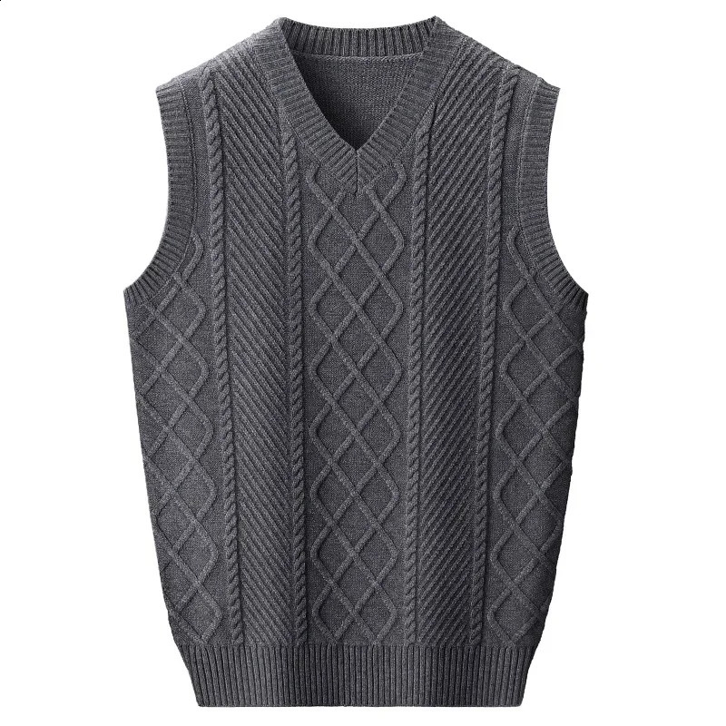 Fashionable Vneck jacquard mens knitted sleeveless sweater vest middleaged and elderly fashionable solid color warm top 240819