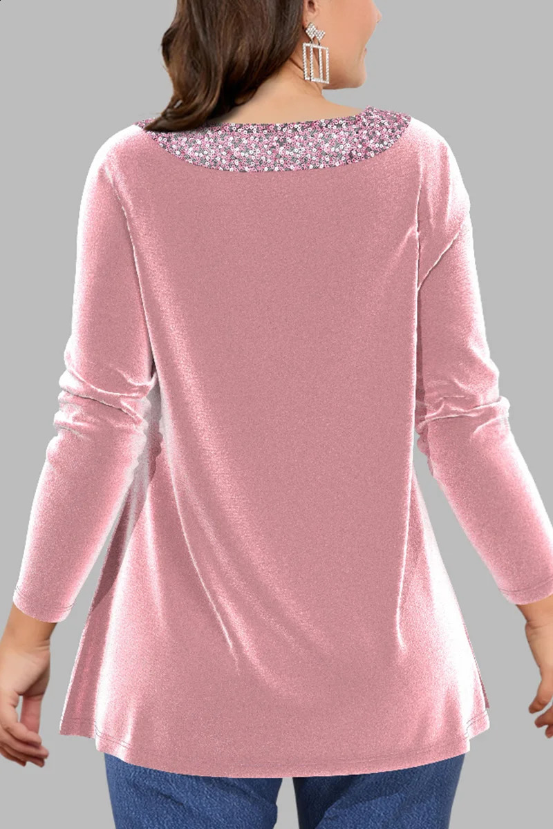 Plus size casual pink velvet sequin decal square neckline shirt long sleeved top elegant womens spring autumn party outfit 240819
