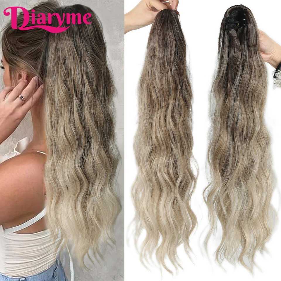 24 inch synthetic claw clip ponytail long natural wavy ponytail hair extension wig Umbre brown blonde ponytail fake W240817