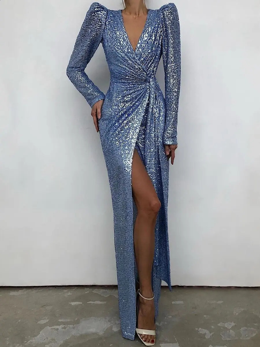 arrival fashion sexy sequins V-neck slim fit evening dress long sleeved elegant split tailing gown women clothing 240819