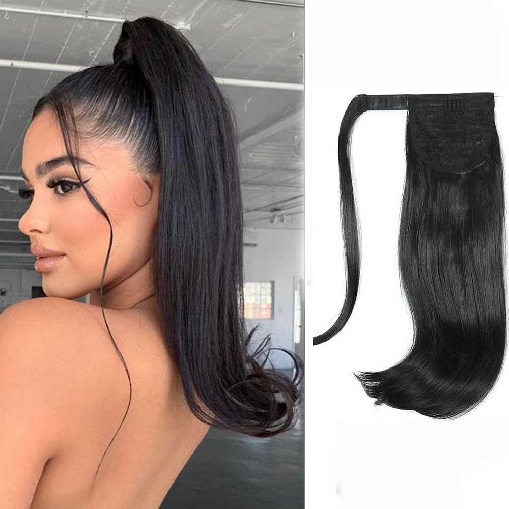 16 inch straight hair with slightly curled ends synthetic Wig ponytail long hair wrapped hair clip womens ponytail W240817