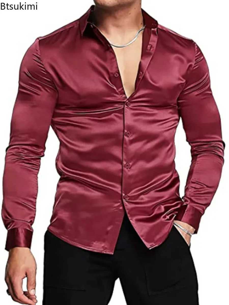 New 2024 Mens Luxurious Shiny Silk Satin Dress Shirt Long Sleeved Casual Slim Muscle Button-down Shirt Male Plus Size S-3XLXJ240819