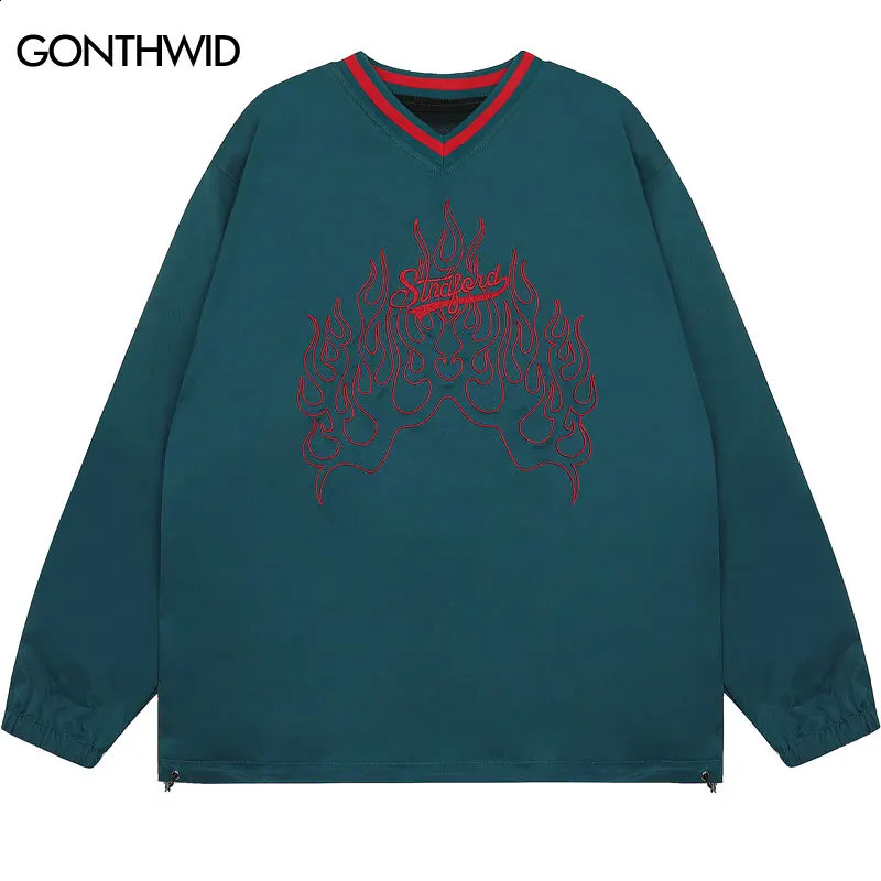 Vintage Shirt Y2K Embroidery Letter Flame Fire Long Sleeve Sports Tshirt Streetwear Men Hip Hop Harajuku V-Neck Loose Shirts Top 240820