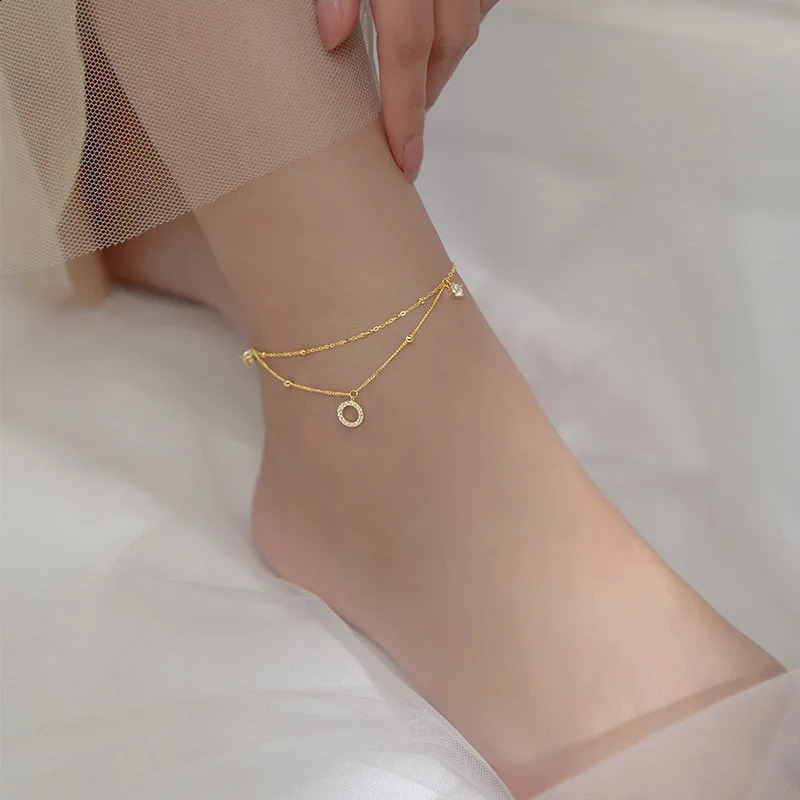 WOOZU Real 925 sterling silver y doublelayer pearl crystal zirconia chain ankle suitable for womens minimalist feet beach jewelry gifts 240812
