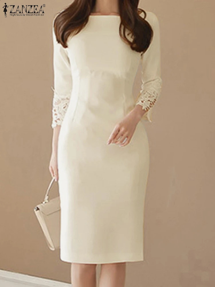 Autumn Dress ZANZEA Elegant Round Neck Women 3/4 Lace Sleeve Vestidos Collect Waist Slim Party Dresses Casual Solid Robes 240819