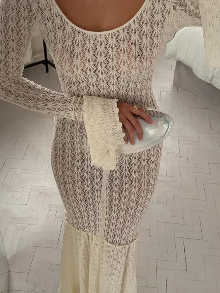 Fashion Sexy Knit Women Hollow Out O Neck Full Flare Sleeve Cover Ups Dresses Backless Vintage Autumn Winter Long Dress 240819