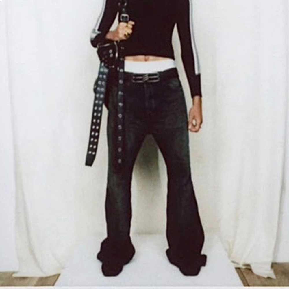 High Street Washed Vintage Black Flare Jeans Pants for Men Straight Baggy Y2K Casual Denim Trousers Unisex Oversized Loose Cargo 240819