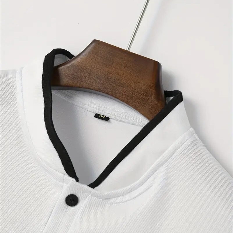 Mens summer fashion classic solid color threaded stand up collar polo shirt button mens casual versatile sports polo shirt 240819