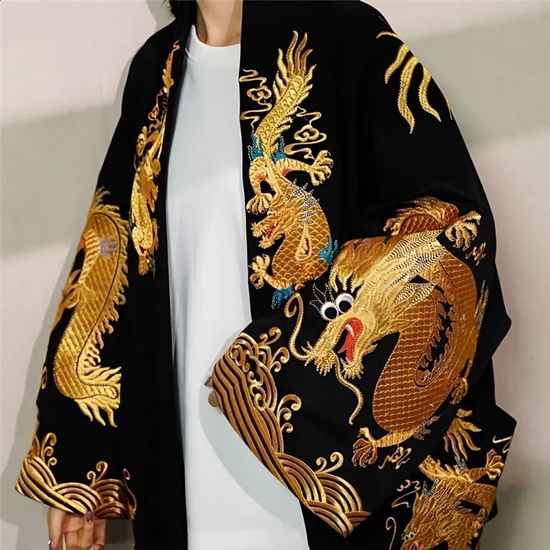 Spring Autumn Printing Dragon Coat Women Fashion Loose National Wind Black Cardigan Jacket Embroidery Outerwear Female 240819