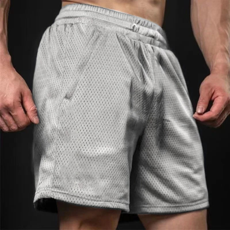 Mens mesh shorts breathable and quick drying gym running solid color daily sports 240819