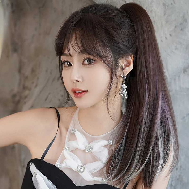 Long straight claw clip ponytail extension brown synthetic hair piece high gloss pink ponytail female hair extension W240817