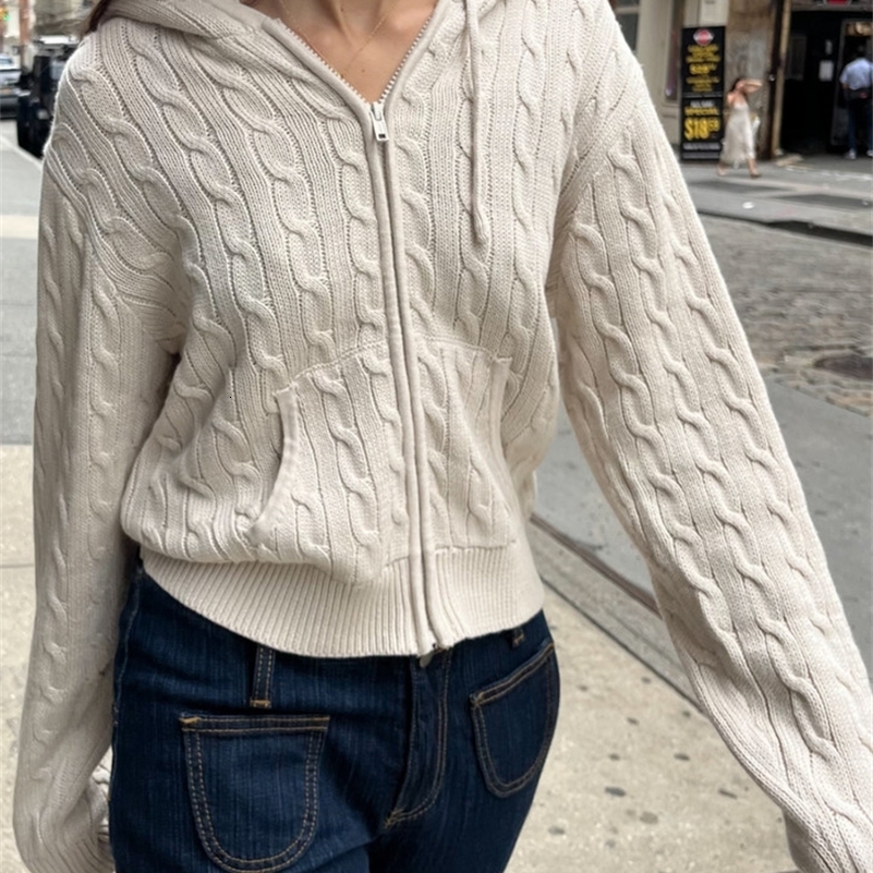 Twisted Flower Knitted Cardigan Sweater Women Autumn Long Sleeve Hooded Zipper Short Coat Streetwear Fashion Sweaters Y2K Tops 240819