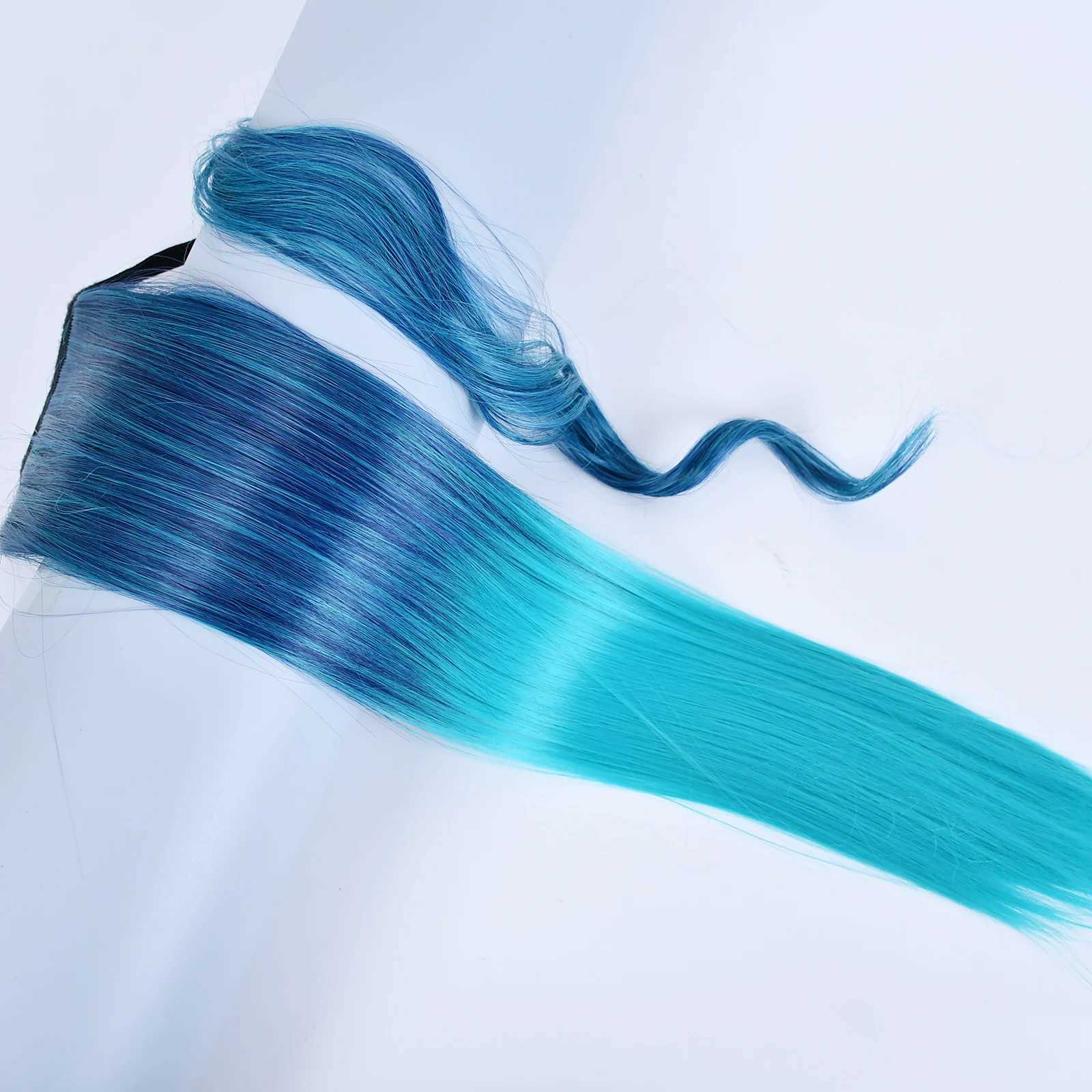 Zolins long straight synthetic ponytail with hair extensions wrapped around the ponytail. Green pink purple. Umbre girls hair W240817
