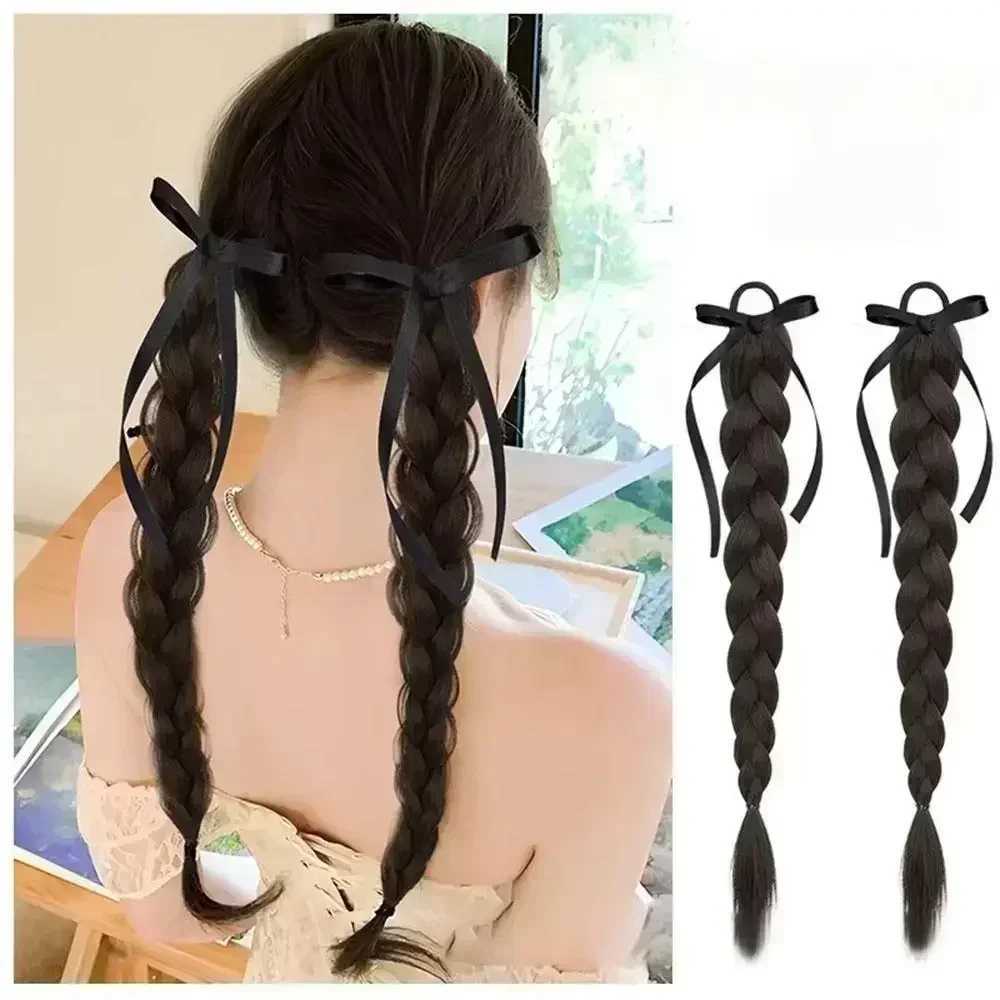 Female synthetic wig 50cm double ponytail ribbon bow wig 2PC ball head wig extended childrens girl gentle casual hairstyle W240817