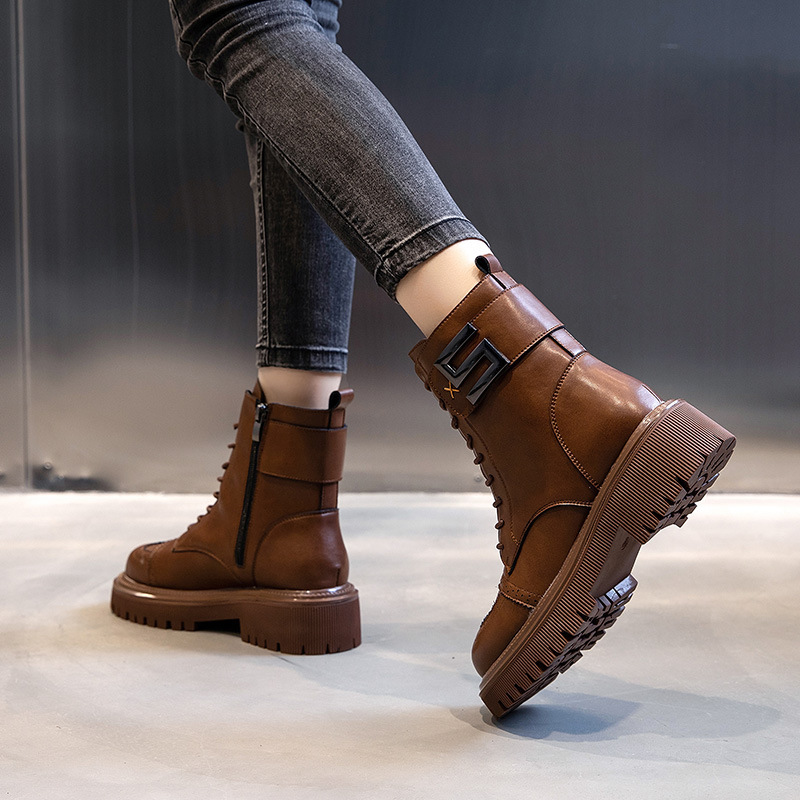Ddmysports Autumn And Winter New Mid Tube Genuine Leather Martin For English Style Plush Short Boots Thick Sole Casual Women S Shoes OUTDOOR