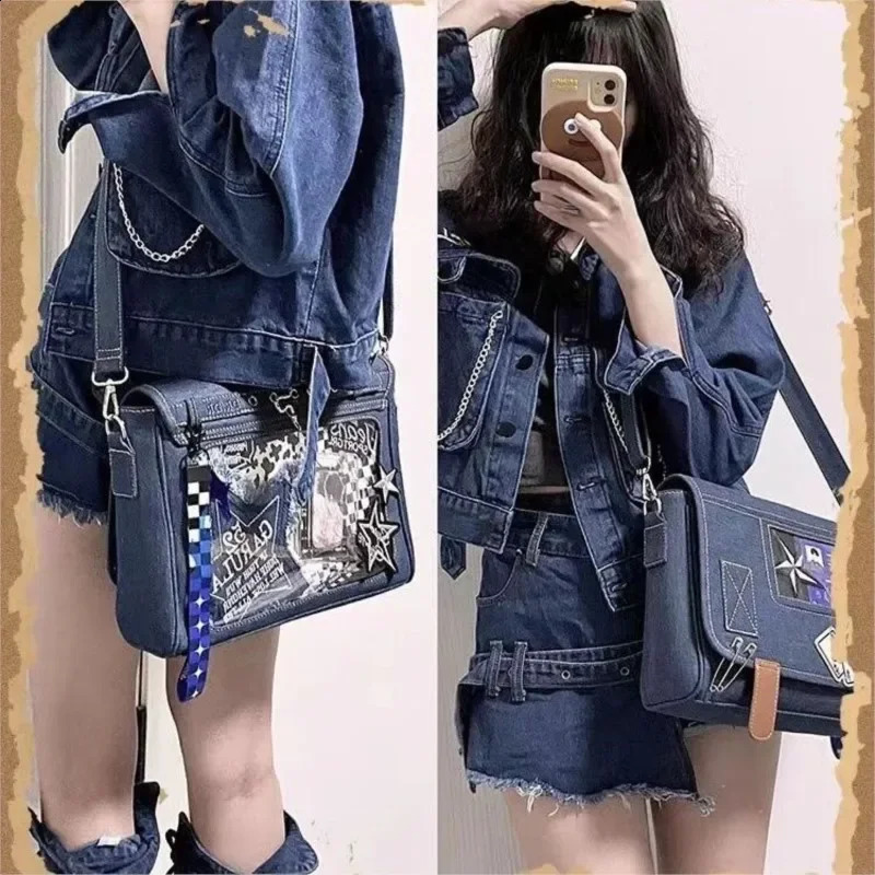 JIAERDI Japanese Denim Messenger Bag Women Harajuku Transparent Ita Bags Handbag Ladies Harajuku Blue Casual Crossbody Bags 240819