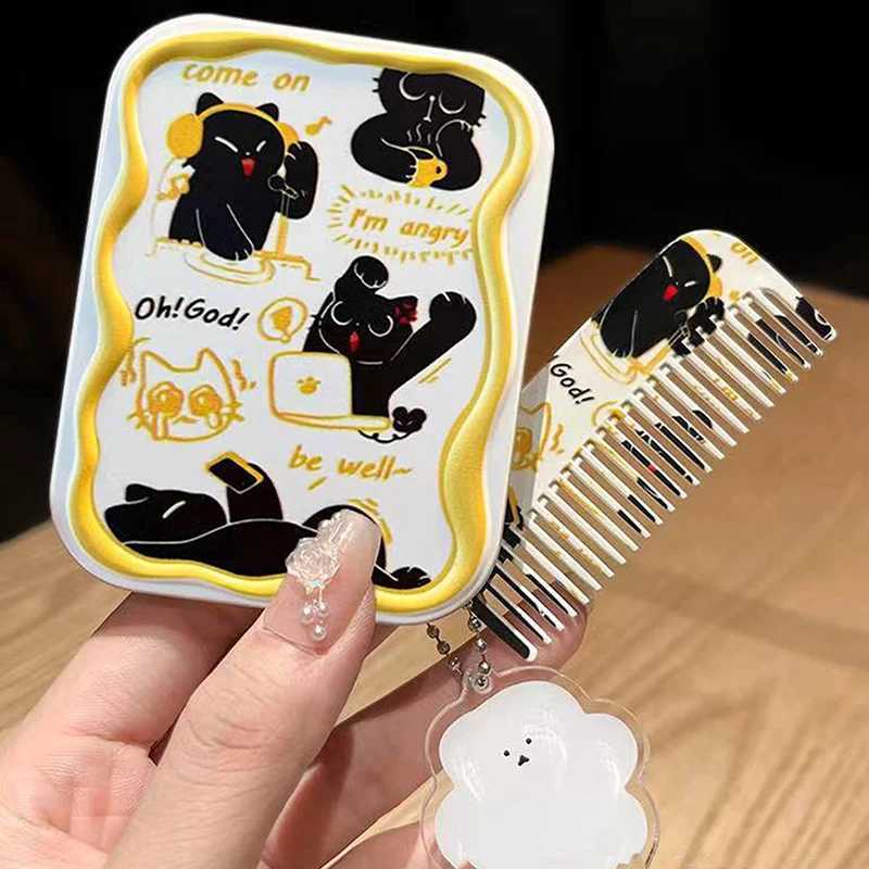 Cartoon Black Cat Pattern Flip-Top Folding Makeup Mirror Portable Pocket Mirror Rectangle Cosmetic Mirror With Comb For Women Y240819