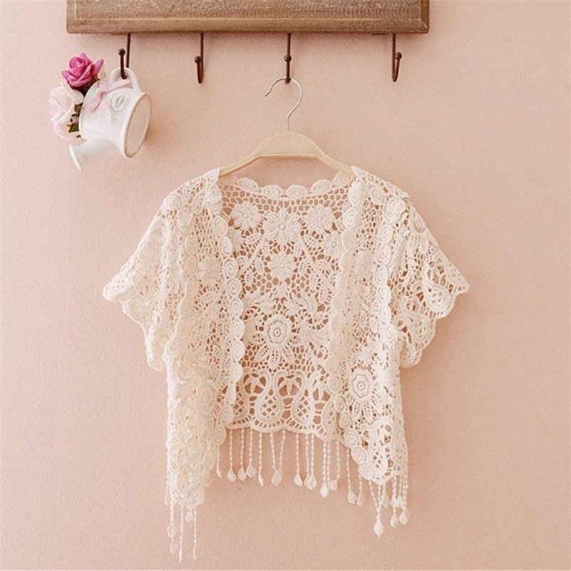 Women Short Sleeve Tassels Cardigan Lace Shrugs Sheer Beach Cover Up for Dresses N7YF 240819