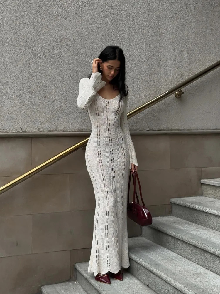 Fashion Solid Hollow Out Knit Maxi Dress Women Chic V Neck Long Sleeve Backless Dresses Autumn Female High Streetwear 240819