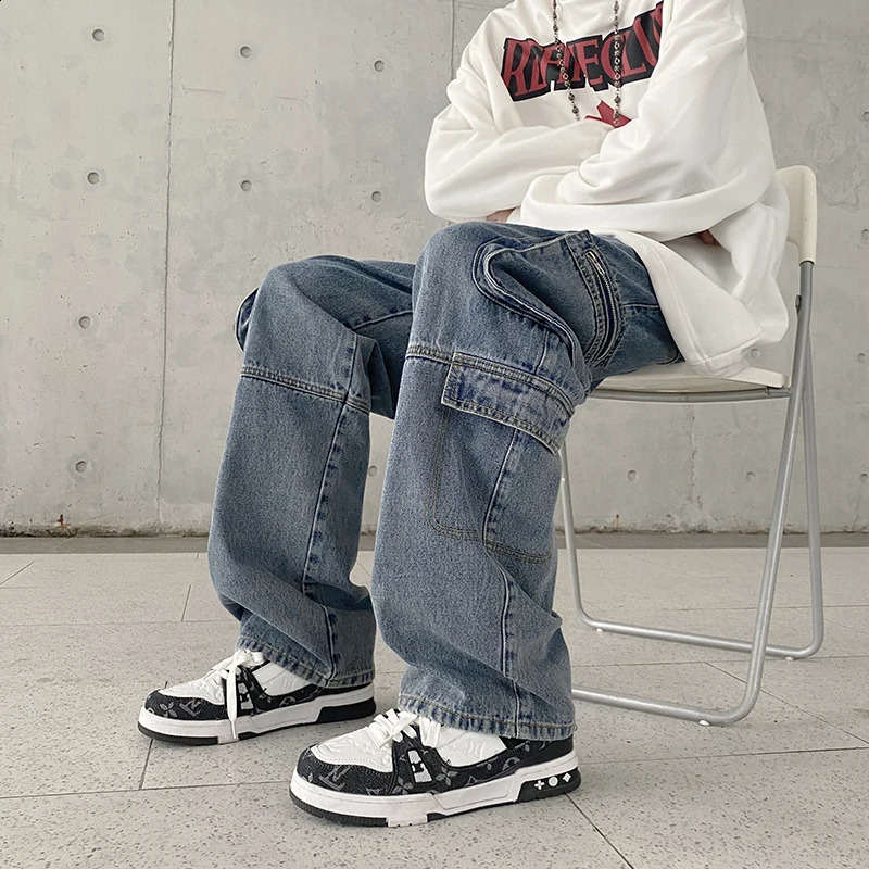 American style multi pocket jeans mens straight loose fashion personalized workwear pants all season non elastic 240819