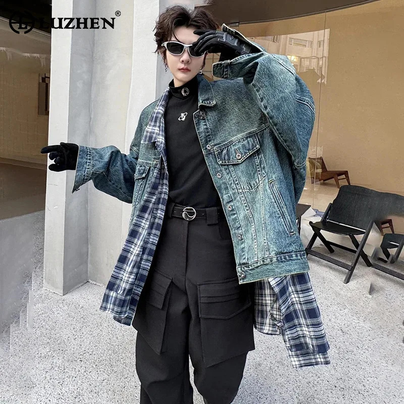 LUZHEN Spring Fashion Grid Loose Shirt Splicing n Cowboy Jacket Mens Street Trend Two LZ3072 240809