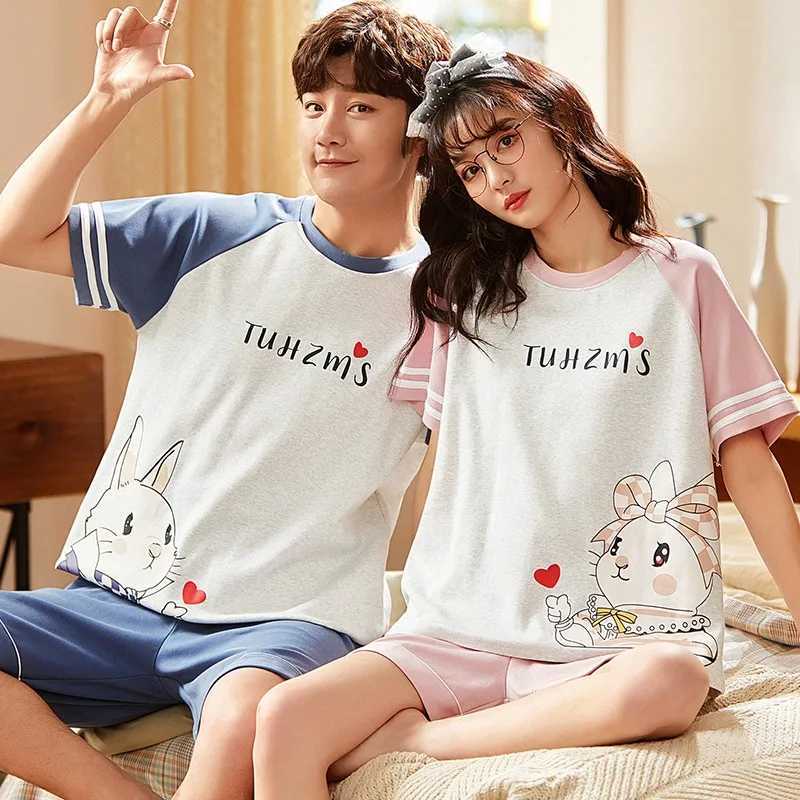 Short Sleep Top and Pants 2 pieces/set Summer Pajamas Mens Evening Dress Cotton Womens Wear Korean Couple Home Clothing Direct ShippingW240719