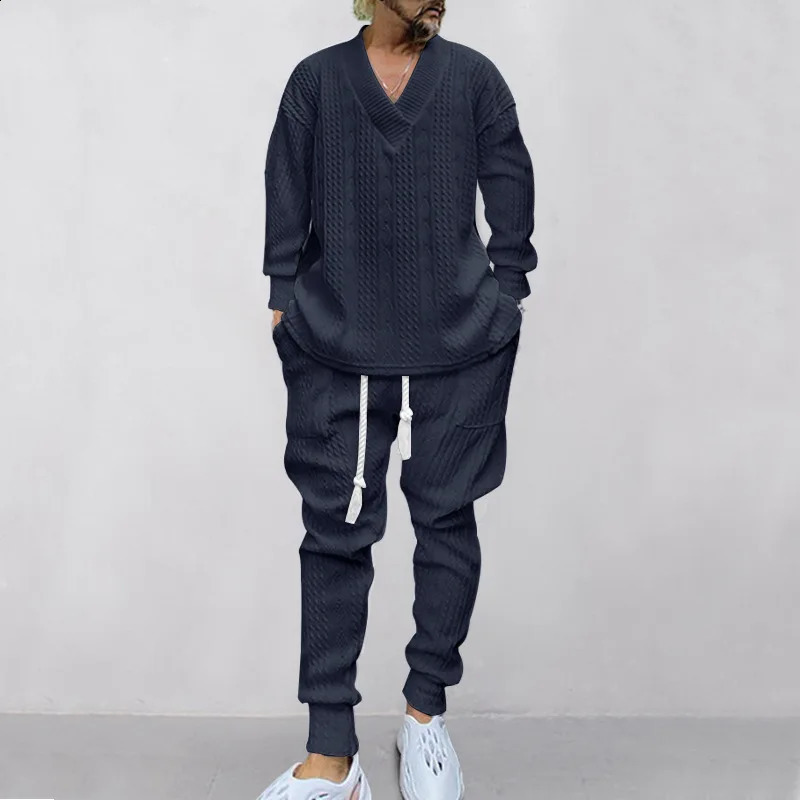 Maxi Mens Outfit Set V-neck Jacquard Knitted Sweater Autumn and Winter Casual Sports Sets for Men 240819