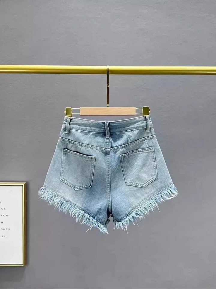 Fashion Diamond Hole Denim Shorts Summer 2024 Womens Sexy High Waist Jeans Booty Shorts 240820