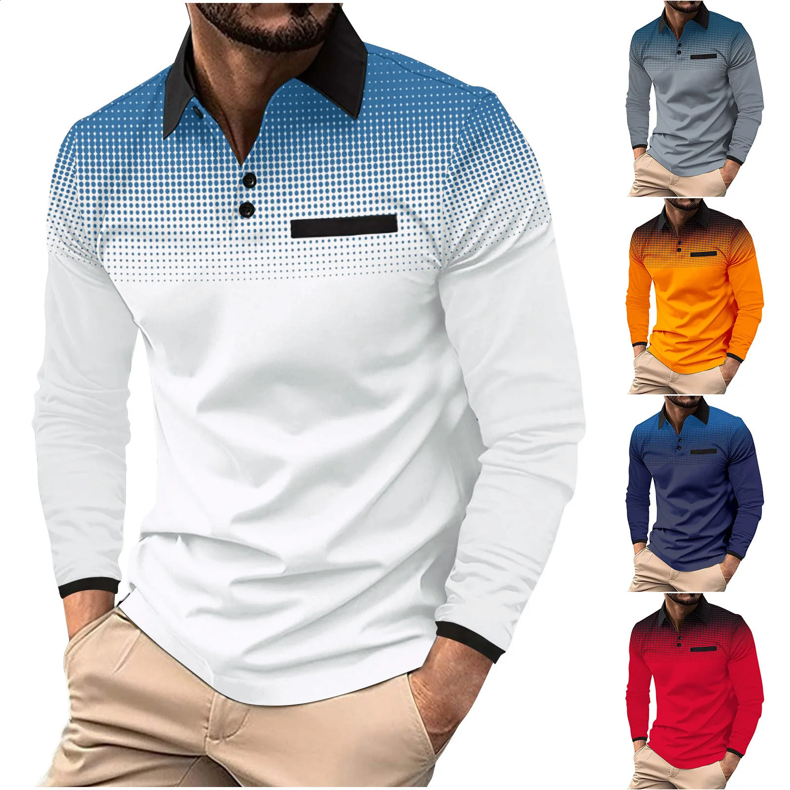 Spring and autumn mens top dad long-sleeved printed polka dot lapel sport loose T blood lapel shirt 240820
