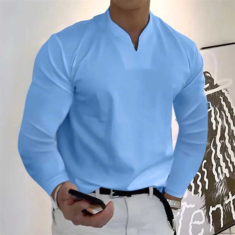 Men Causal V-neck Base Shirt Business Fashion Loose Long Sleeve Tee Plus Size Solid Color Simple Comfortable Elastic Fitness TopXJ240819