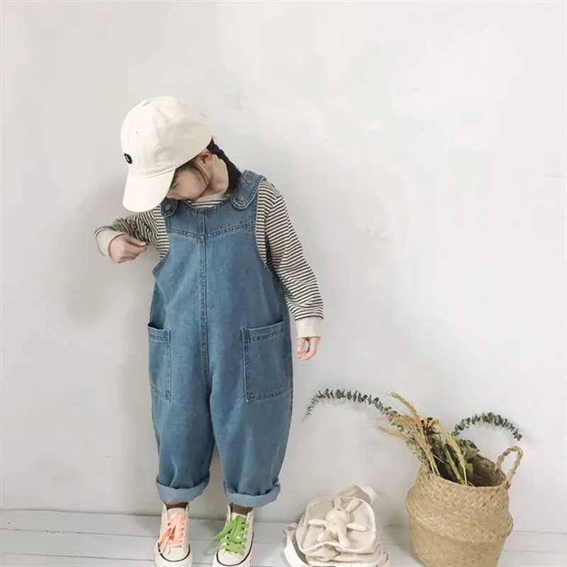 Milancel Autumn childrens clothing fashion girl full set solid denim pants childrens jumpsuit options striped shirt W240806