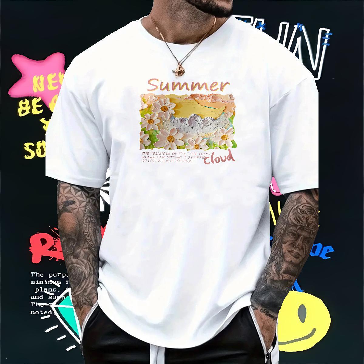 DIY Men Clothes T-Shirt flower Casual 230g 100% Cotton Tee Shirt Breathable Short Sleeve High Quality Men T Shirts DIY Printed