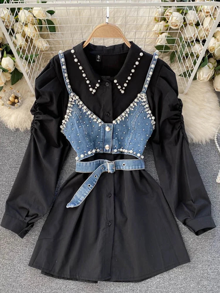 Spring and Autumn Warm Shirt Womens Collar Beaded Stacked Beads Blusa Strap Waist Coat C Fashion Two piece C814 240819