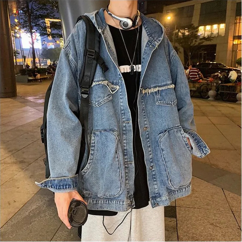 High Street Hooded Denim Jacket mens casual long sleeved jacket Hong Kong style short selling 240809