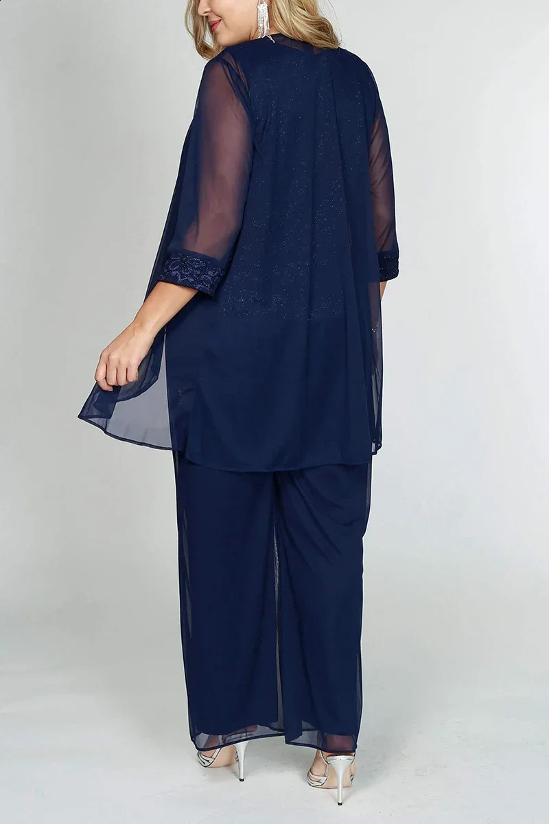 Women Fashion Chiffon Three Piece Matching Set 34 Sleeve 2024 Wide Leg Pant and Chiffon Cardigans Casual Loose Outfit Set 240819
