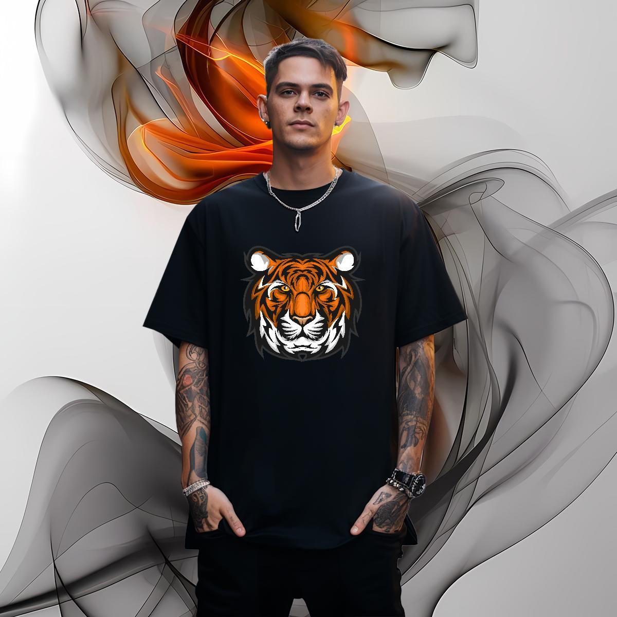 Loose Fit Men T Shirts tiger Breathable Crew Neck Street Wear Black White 230g 100% Cotton Men Tops Tees New Tshirts