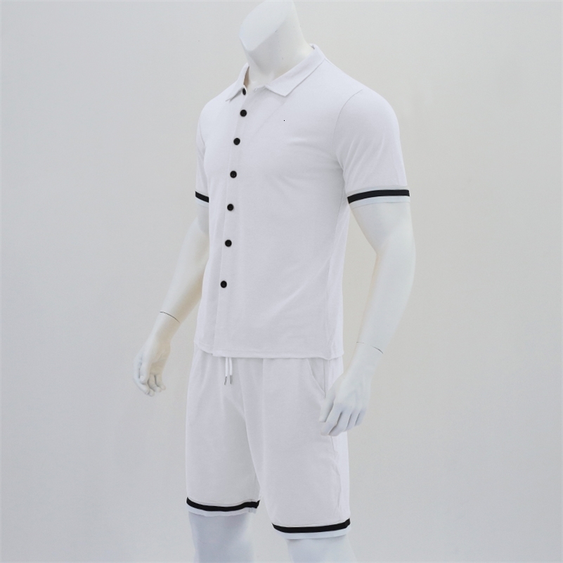 Mens Summer Polo Cardigan Solid Short Sleeve Shorts Two Piece Casual Set 240819