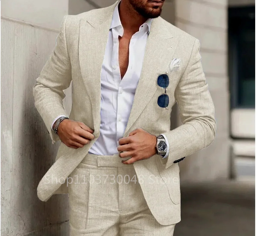Elegant Beige Linen Men Suit Smart Casual Single Breasted Slim Fit Blazer with Pants High Quality 2 Piece Costume Homme 240819