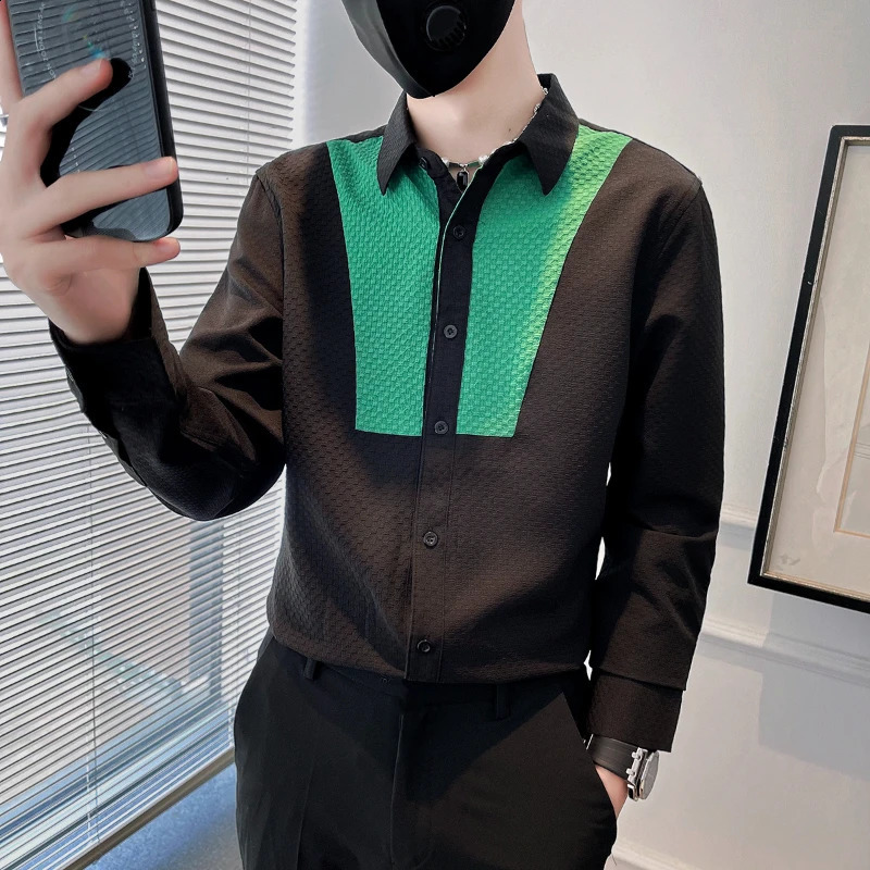 Spring Autumn Fashion Square Collar Long Sleeve Shirts Mens Clothing Button Color Blocking Cardigan Korean Loose Trend Blouse 240820