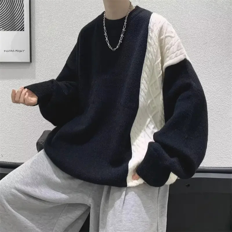 Hong Kong style Ins retro color round neck mens sweater autumn and winter trend knitted top loose fitting scene 240819