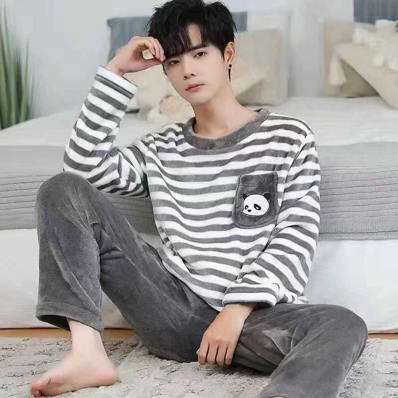 New Mens Pajama Set Thick Warm Flannel Autumn Winter Casual Pajama Home Clothes 2-piece Set Mens Coral Velvet Soft Lounge SetW240719