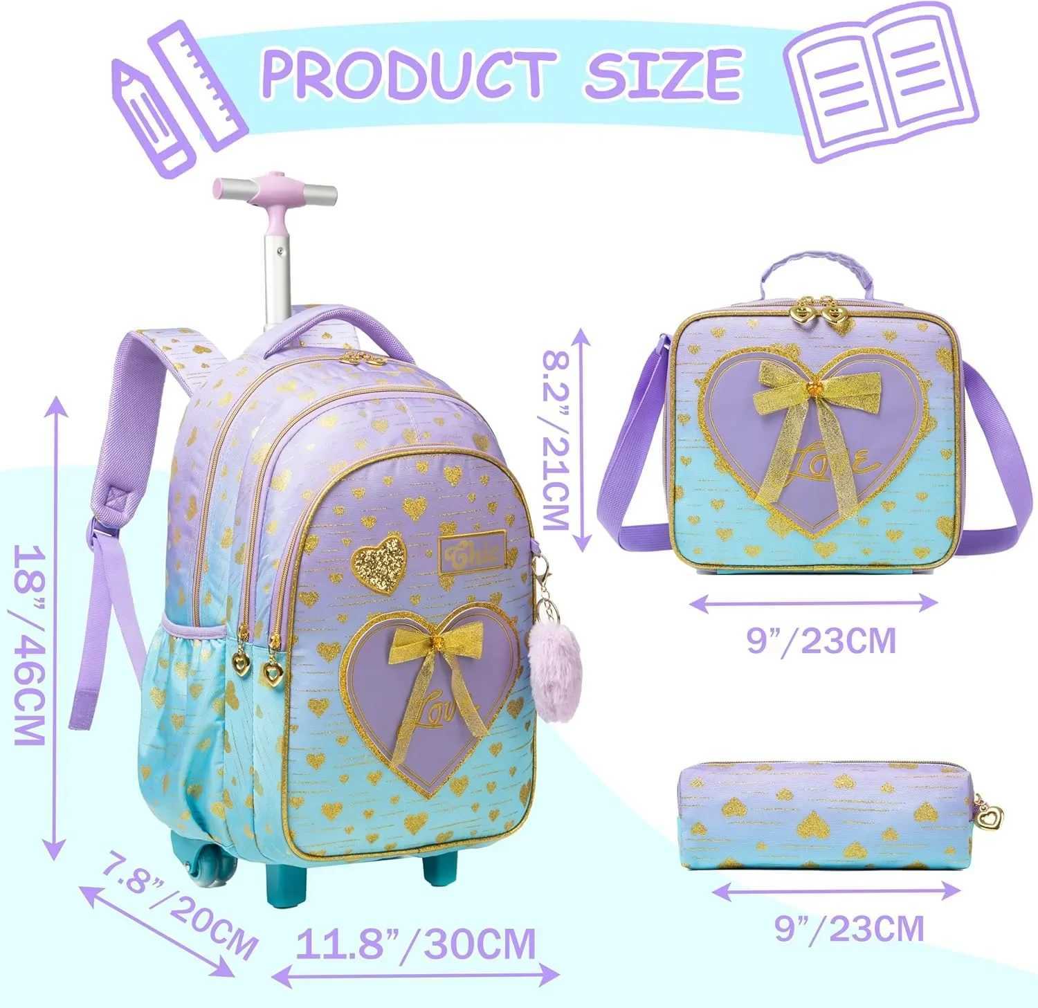 18Inch Trolley School Bags for Girls Children Travel Rolling Backpack School Trolley Bag Set with Lunch Bag Kids Wheeled Bookbag Y240820