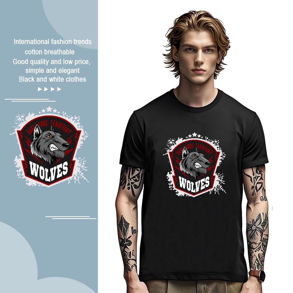 Free Shipping T Shirts Men wolf O-Neck Short Sleeve Hip Hop Street Cartoon Print 230g Cotton Couples T Shirts Fashion Tees