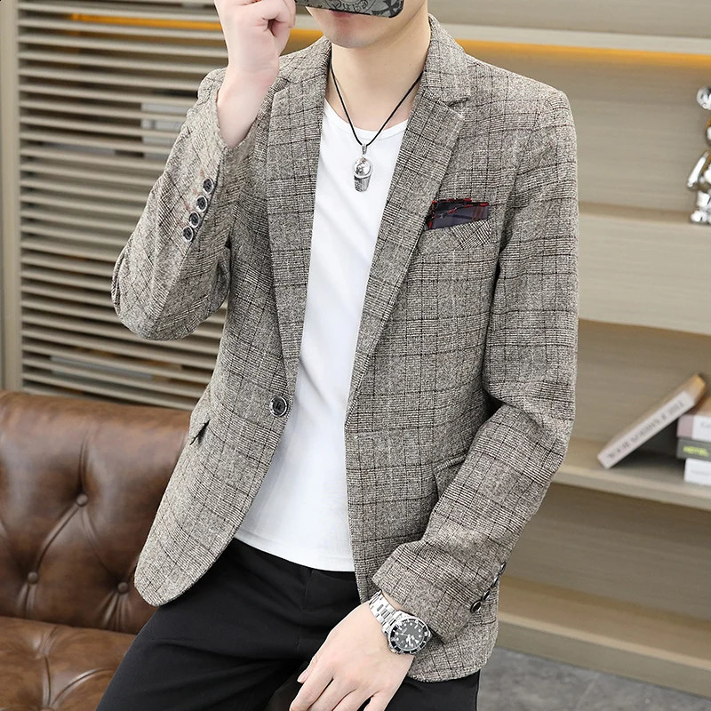 Mens Fashion Business Gentleman Jacket Korean Edition Trend Casual Plaid Wedding Celebration British Style Slimming Set 240819