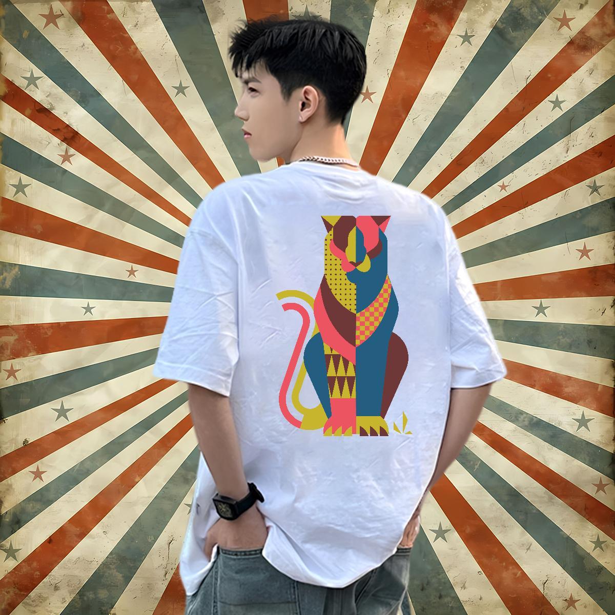 Classic Couples T Shirts cat Sports Casual 230g Pure Cotton Polos Breathable Crew Neck Soft T-Shirts Cartoon Printing L-4XL