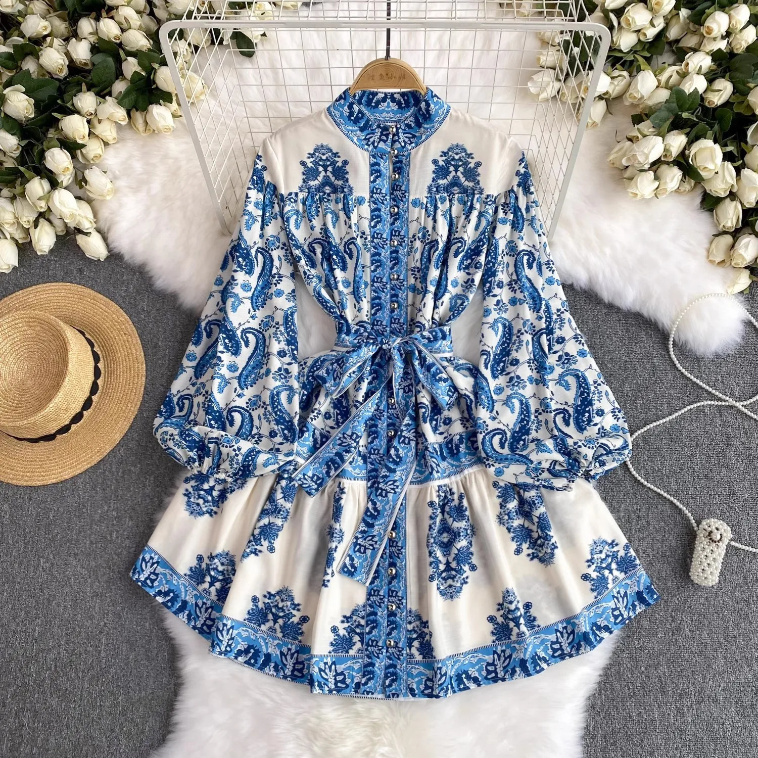 Spring Summer Vintage Paisley Short Dress Women Stand Collar Long Lantern Sleeve Single Breasted Sashes Loose Mini Vestidos 2506 240819