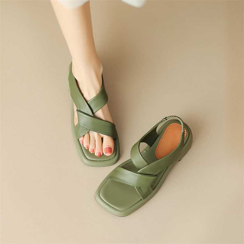 Meotina Women Genuine Leather Sandals Square Toe Platform Block Mid Heels Ladies Fashion Casual Shoes Summer Green Apricot 40 CL240806