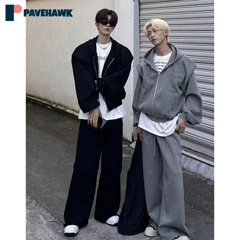 Korea Sport Casual 2 Pcs Set Mens High Street Hooded Cardigans JacketsStraight Wide Leg Pants Male Retro Sets Spring Autumn 240819