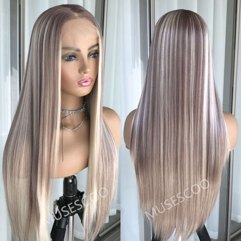 Straight Front Pre Plucked Synthetic Lace Wigs For Women Highlight Blonde Balayage Heat Resistant Fiber Wig Daily Use